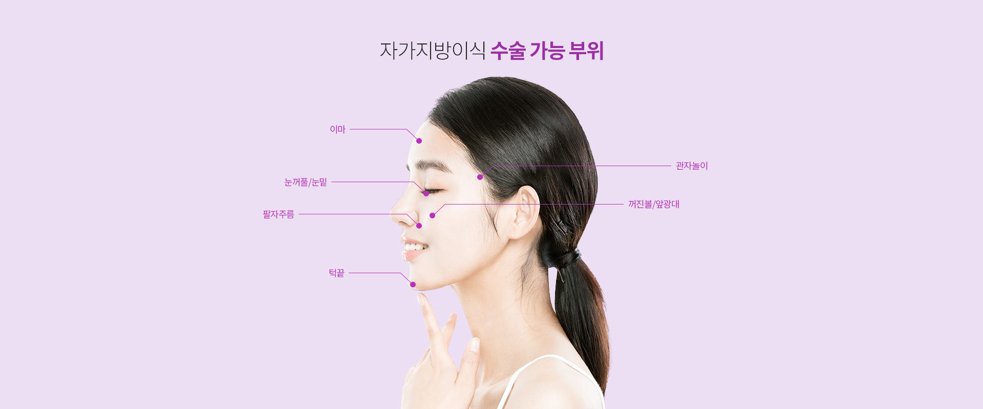 자가지방이식 수술 가능 부위 — 이마, 관자놀이, 눈꺼풀·눈밑, 꺼진볼·앞광대, 팔자주름, 턱끝