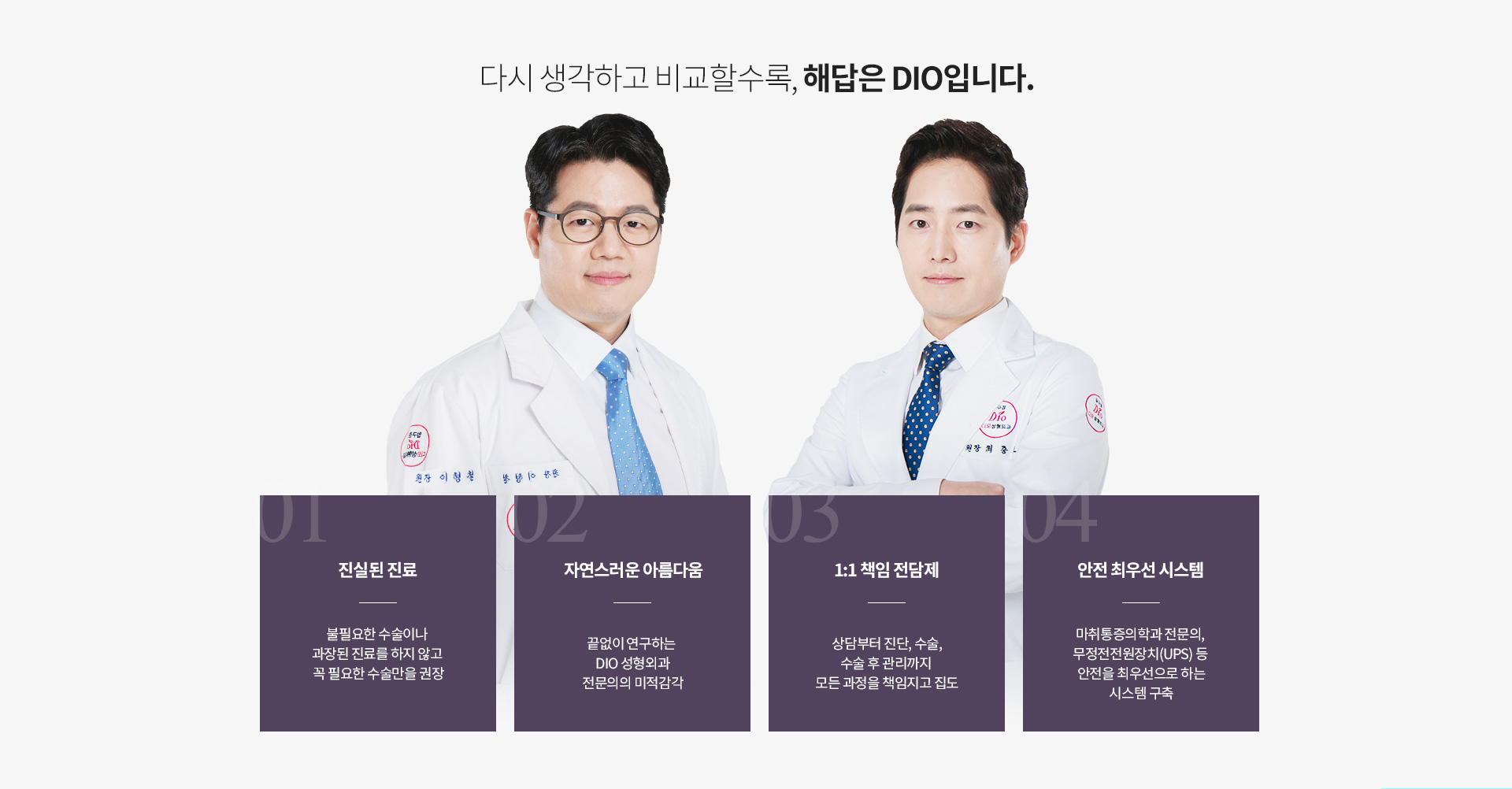 디오성형외과 의료진과 병원의 진료 철학, 1:1 책임 진료 및 안전 중심 진료 시스템을 소개하는 이미지.