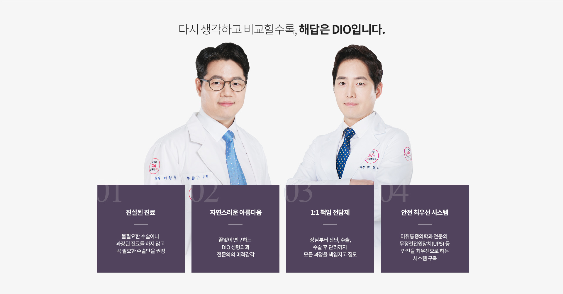 디오성형외과 의료진과 병원의 진료 철학, 1:1 책임 진료 및 안전 중심 진료 시스템을 소개하는 이미지.