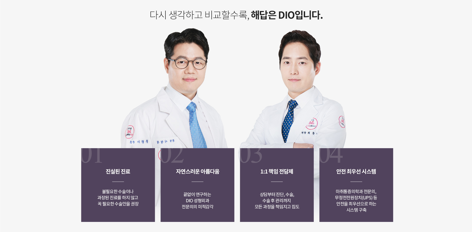 디오성형외과 의료진과 병원의 진료 철학, 1:1 책임 진료 및 안전 중심 진료 시스템을 소개하는 이미지.