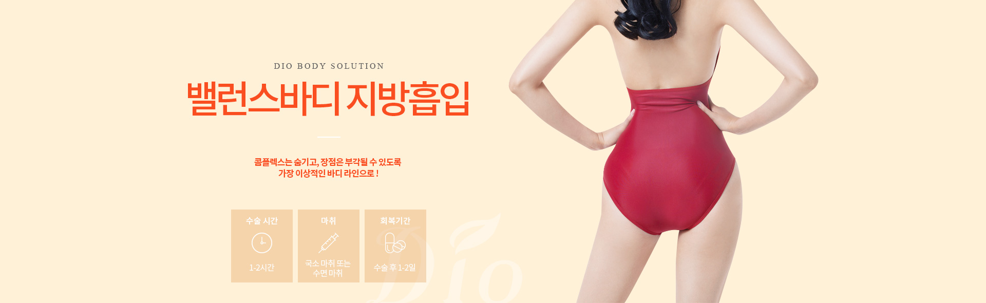 디오성형외과 밸런스바디 지방흡입 — 콤플렉스는 숨기고 장점은 부각될 수 있도록 가장 이상적인 바디 라인으로. 수술시간 1-2시간, 국소마취 또는 수면마취, 회복 수술 후 1-2일