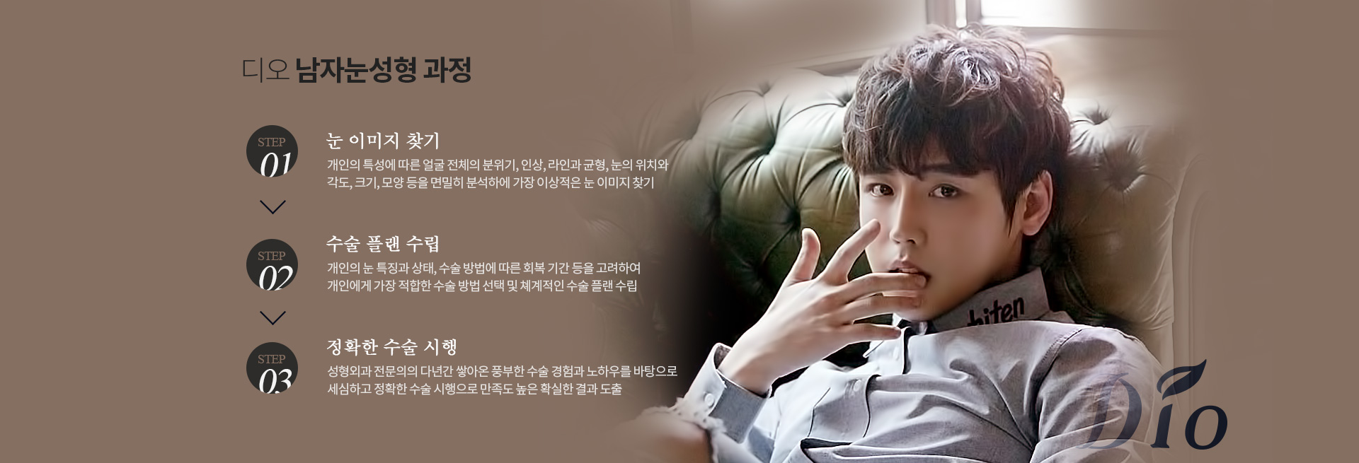 디오 남자눈성형 과정 — 개인의 특성에 따른 얼굴 전체의 분위기·인상·라인과 균형·눈의 위치와 각도를 분석해 눈 이미지 찾기, 수술 방법과 회복 기간을 고려한 수술 플랜 수립, 성형외과 전문의의 정확한 수술 시행