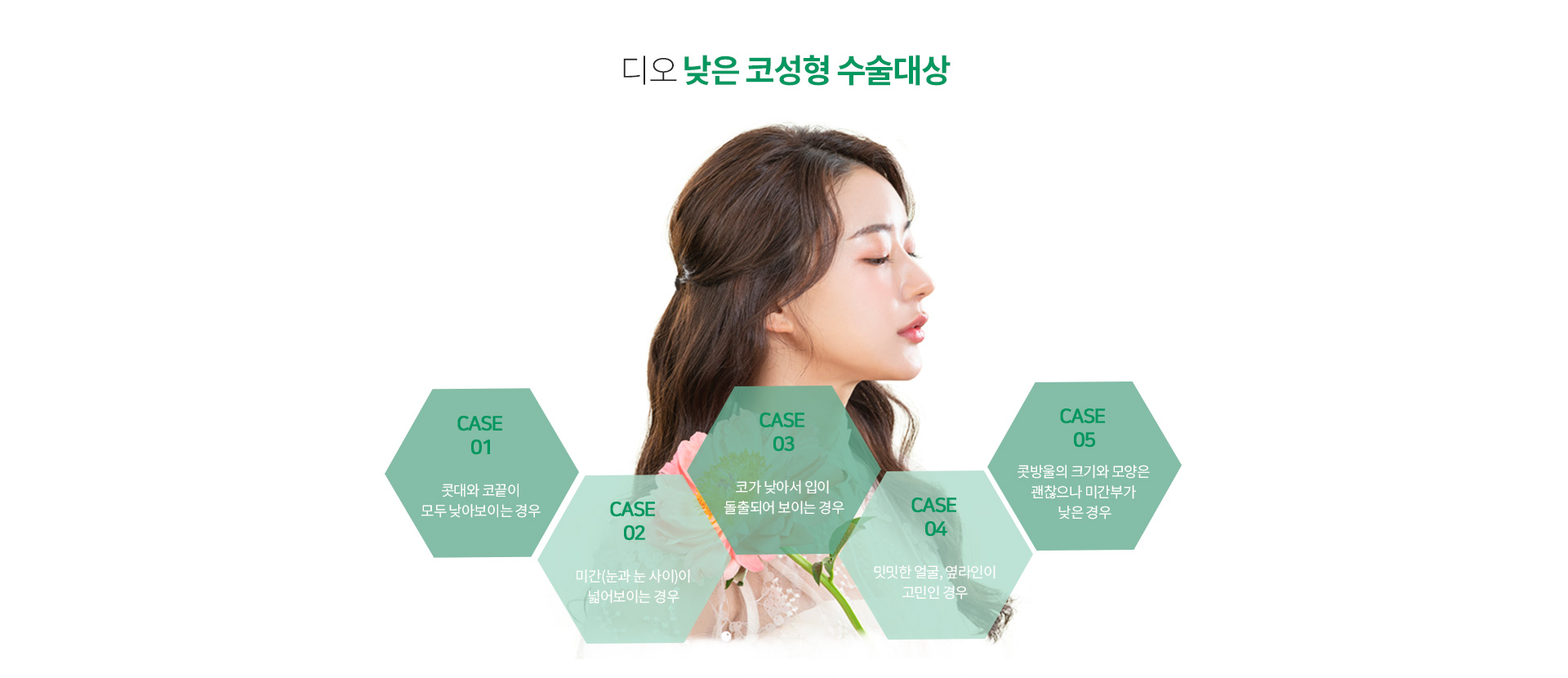 디오 낮은 코성형 수술대상 — 콧대와 코끝이 모두 낮아보이는 경우, 미간(눈과 눈 사이)이 넓어보이는 경우, 코가 낮아서 입이 돌출되어 보이는 경우, 밋밋한 얼굴·옆라인이 고민인 경우, 콧방울의 크기와 모양은 괜찮으나 미간부가 낮은 경우