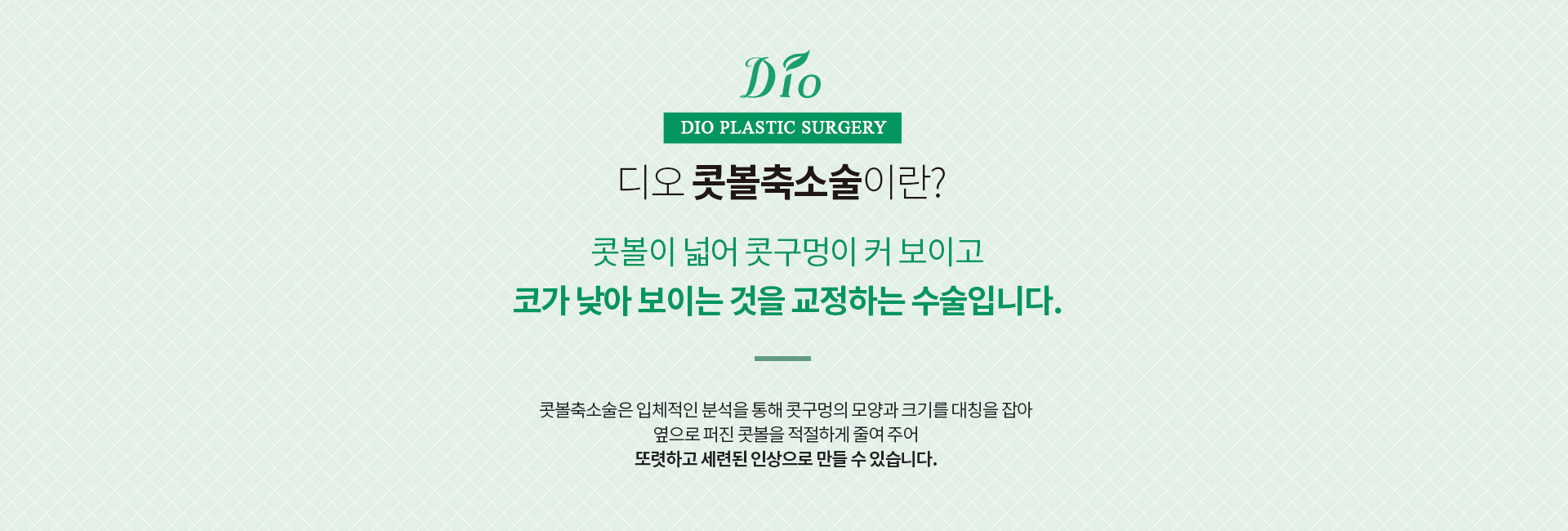 디오 콧볼축소술이란? 콧볼이 넓어 콧구멍이 커 보이고 코가 낮아 보이는 것을 교정하는 수술. 입체적인 분석을 통해 콧구멍의 모양과 크기의 대칭을 잡아 옆으로 퍼진 콧볼을 적절하게 줄여 줍니다