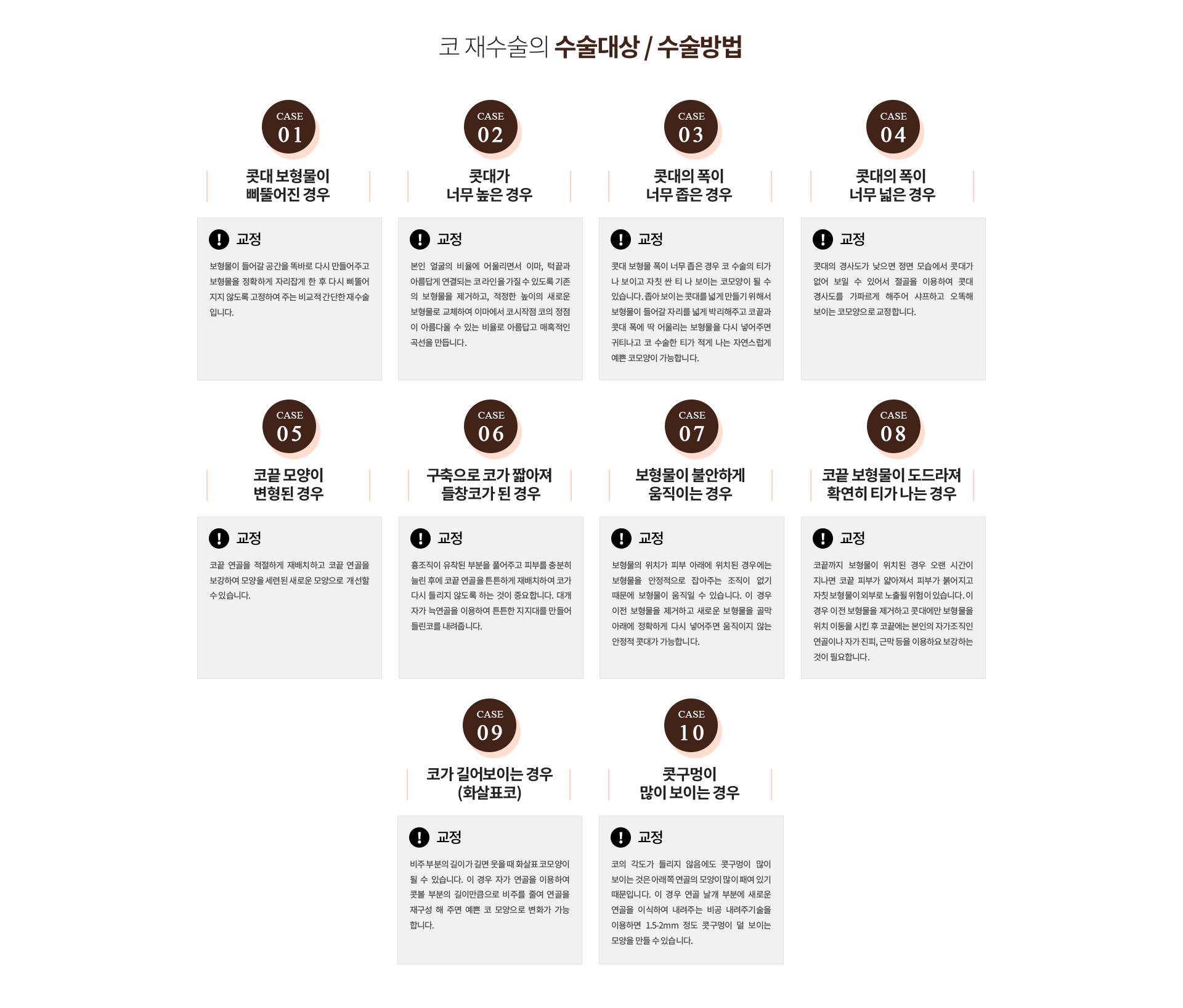 코 재수술의 수술대상과 수술방법 — 콧대 보형물이 삐뚤어진 경우, 콧대가 너무 높은 경우, 콧대의 폭이 너무 좁은 경우, 콧대의 폭이 너무 넓은 경우, 코끝 모양이 변형된 경우, 구축으로 코가 짧아져 들창코가 된 경우, 보형물이 불안하게 움직이는 경우, 코끝 보형물이 도드라져 티가 나는 경우, 코가 길어보이는 경우(화살표코), 콧구멍이 많이 보이는 경우